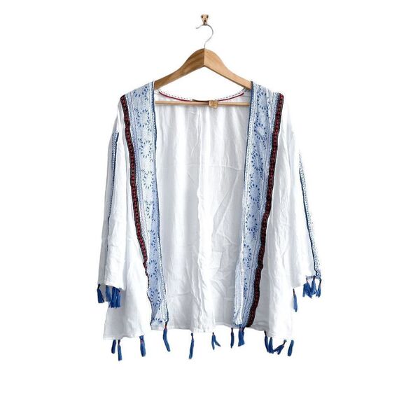 Wrangler Women's Fringe Kimono Open Front Shirt Bohemian Gauzy Blue Small - Picture 1 of 6